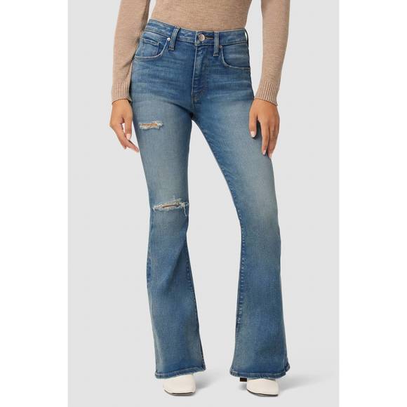 NEW HUDSON women's high rise flare petite jeans in coral - Picture 1 of 7